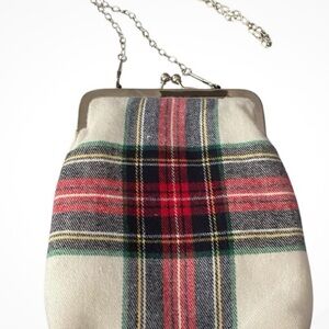 Nanette Lenore Plaid Clutch Bag With Chain Crossbody Strap. Red, Green, Cream